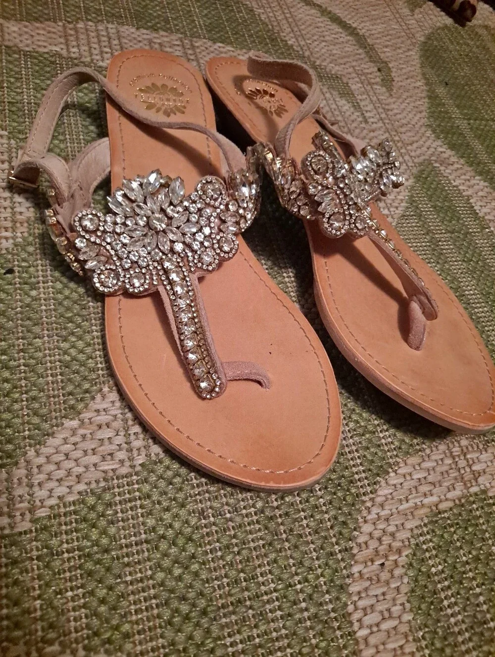YellowBox Embellished Taupe Crystal T-Strap Sandals - Picture 2 of 6